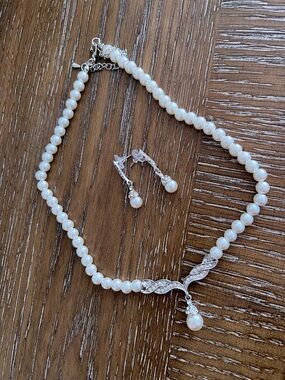 Pearl Necklace and Drop Earrings Set - Faux White Pearls with Silver Accents